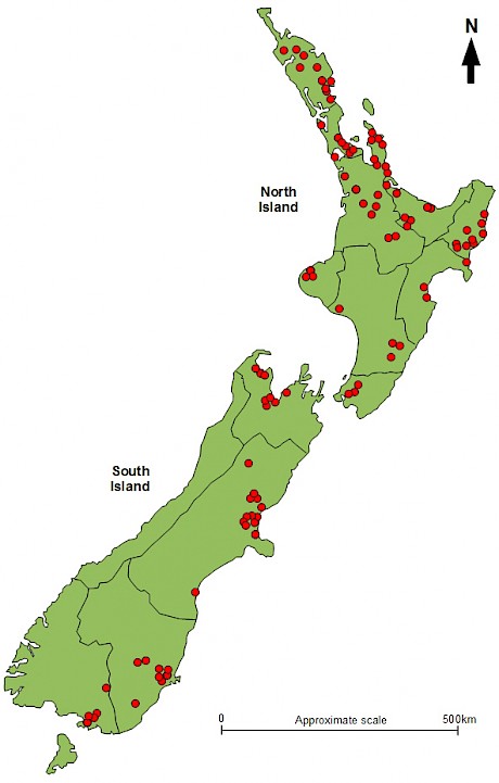 Location of planted stands of native trees and shrubs assessed nationwide by Tāne’s Tree Trust.